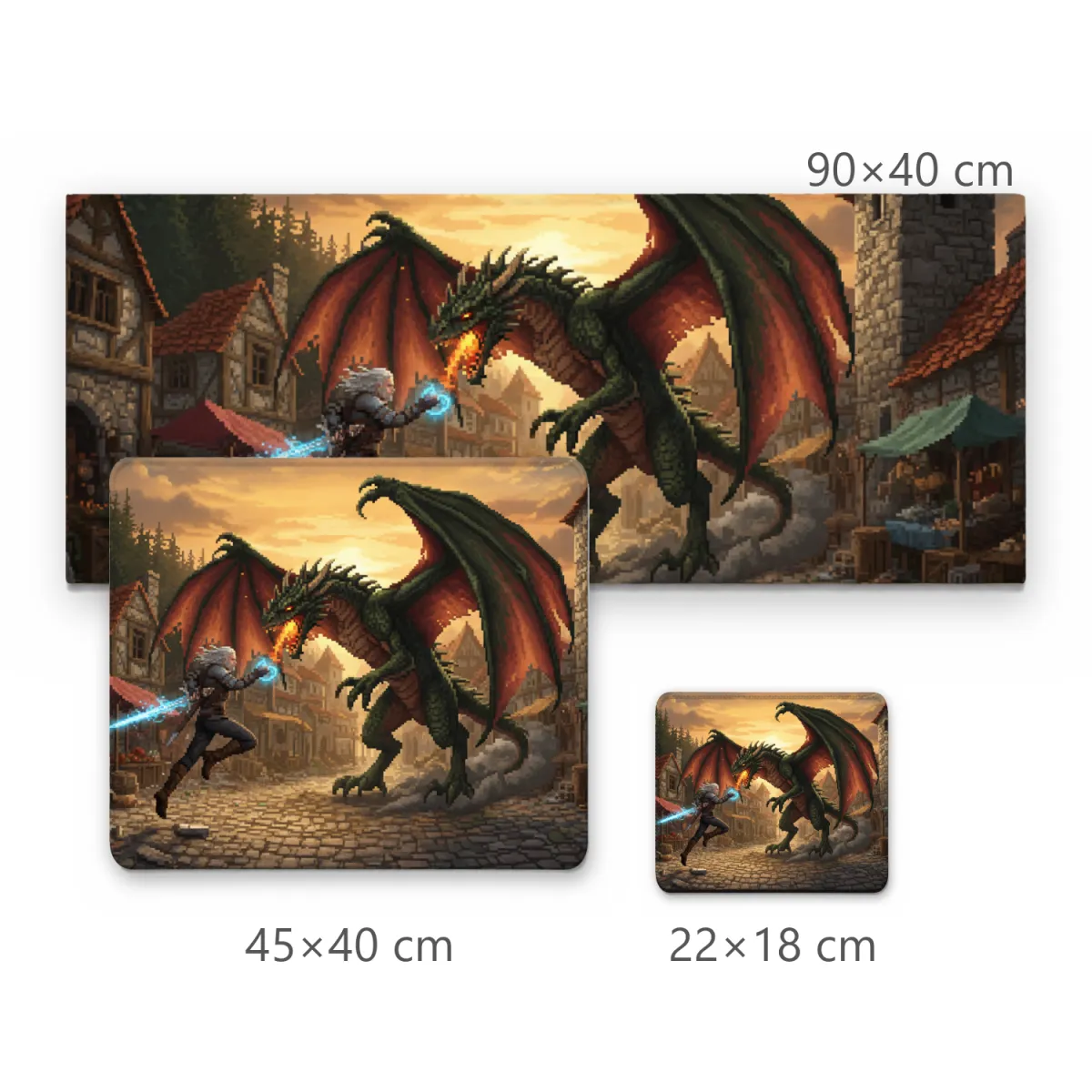 Mousepad Gamer Batalha do Guerreiro contra Dragão em Vila Medieval Iluminação Mágica