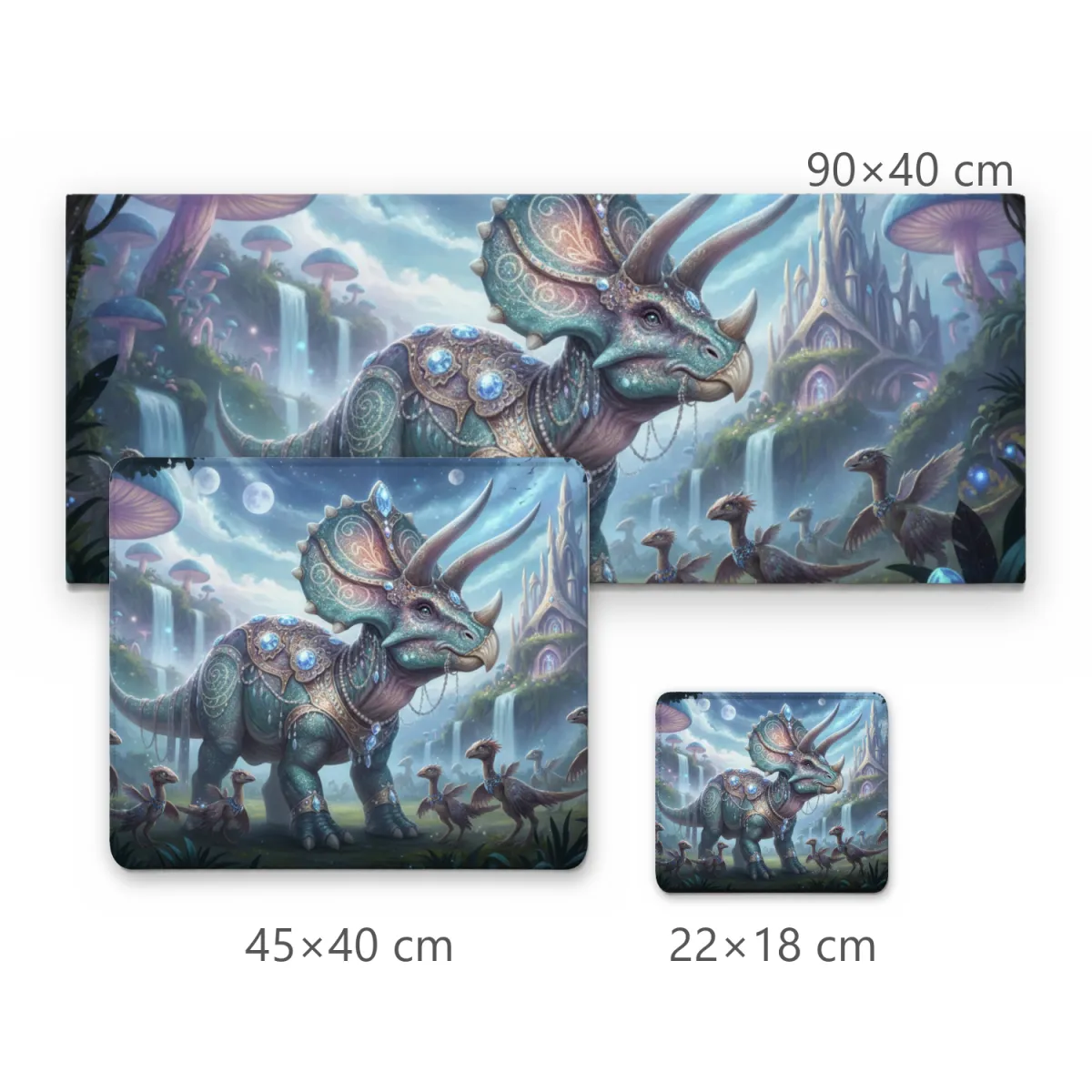 Mousepad Gamer Dinossauro Triceratops Encantado com Joias e Paisagem Mística