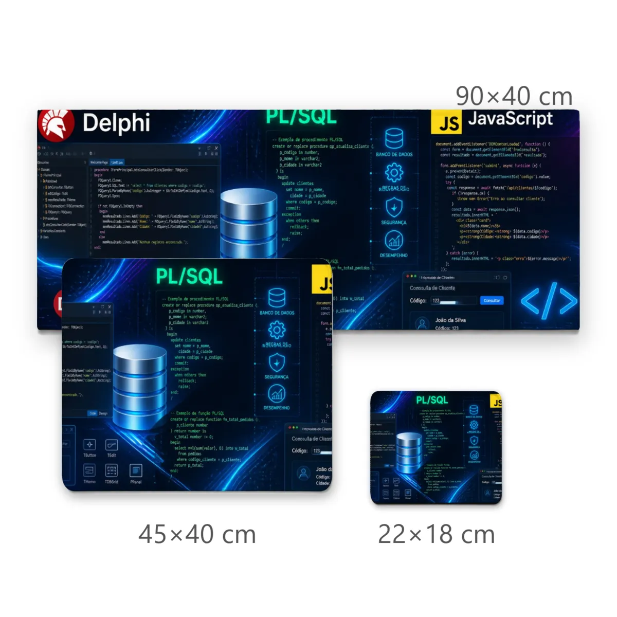 Mousepad Gamer Programação com Delphi PL/SQL e JavaScript em Fundo Tecnológico Neon