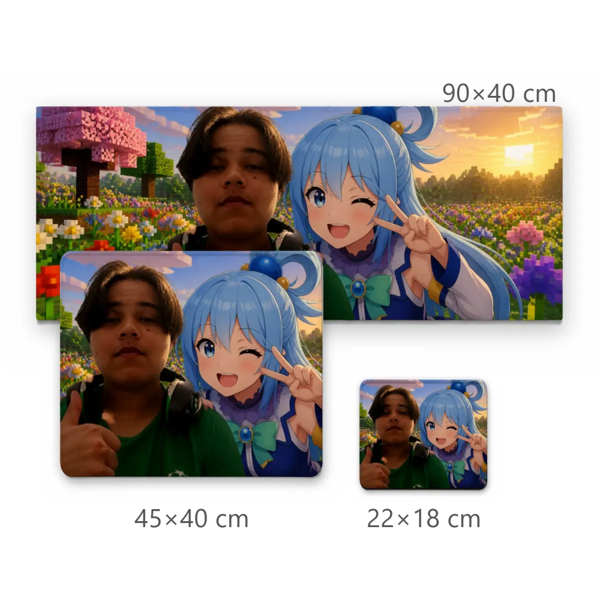 Mousepad Gamer Foto e Personagem Anime de Cabelo Azul em Campo de Flores Minecraft
