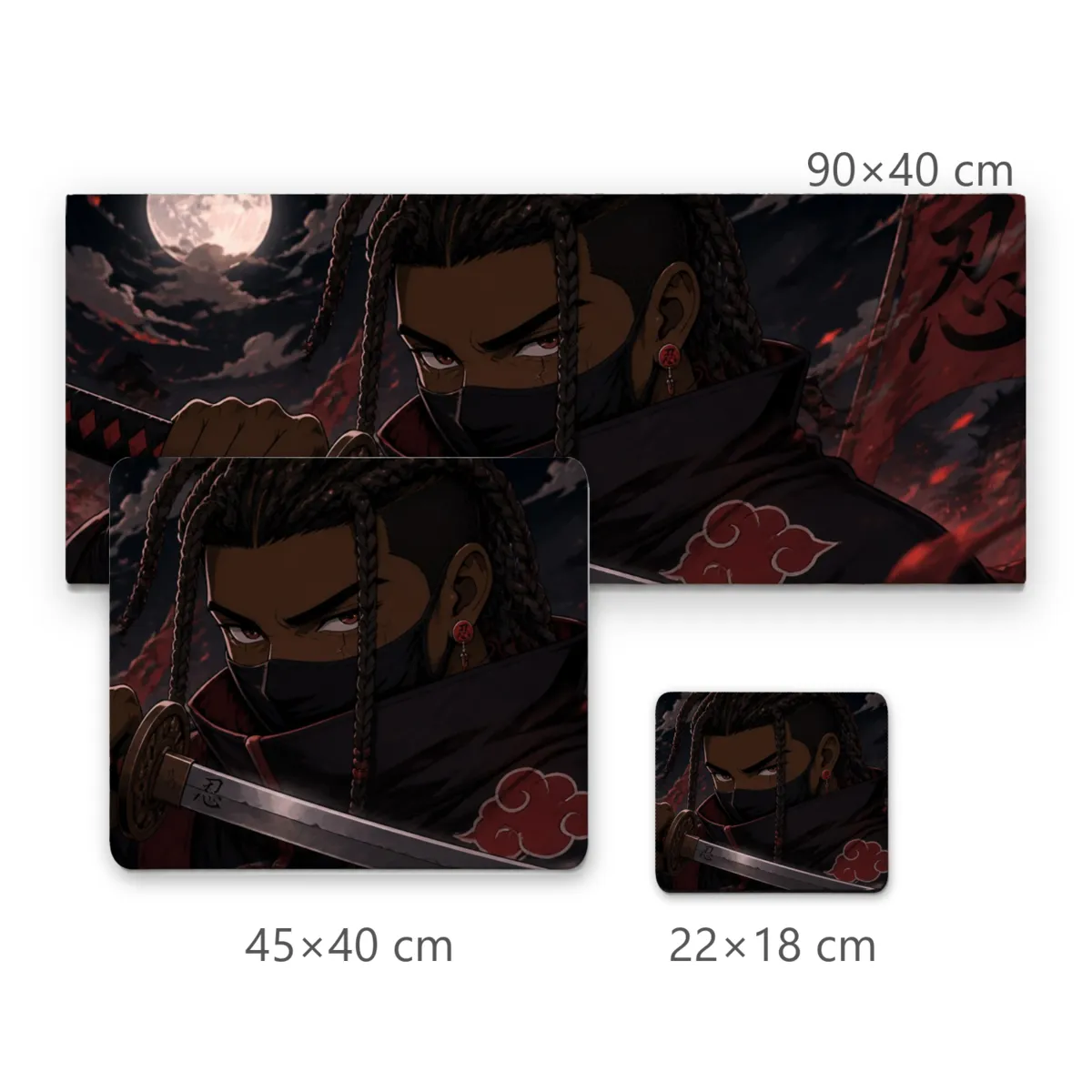 Mousepad Gamer Ninja com Katana Cabelo Trançado e Lua Cheia Estilo Anime