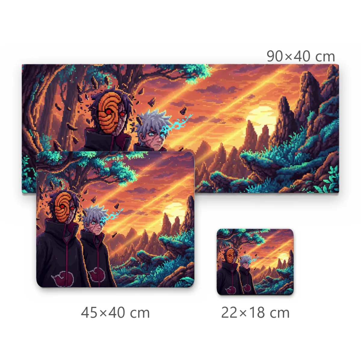 Mousepad Gamer Obito e Kakashi em Pixel Art com Pôr do Sol e Paisagem Natural