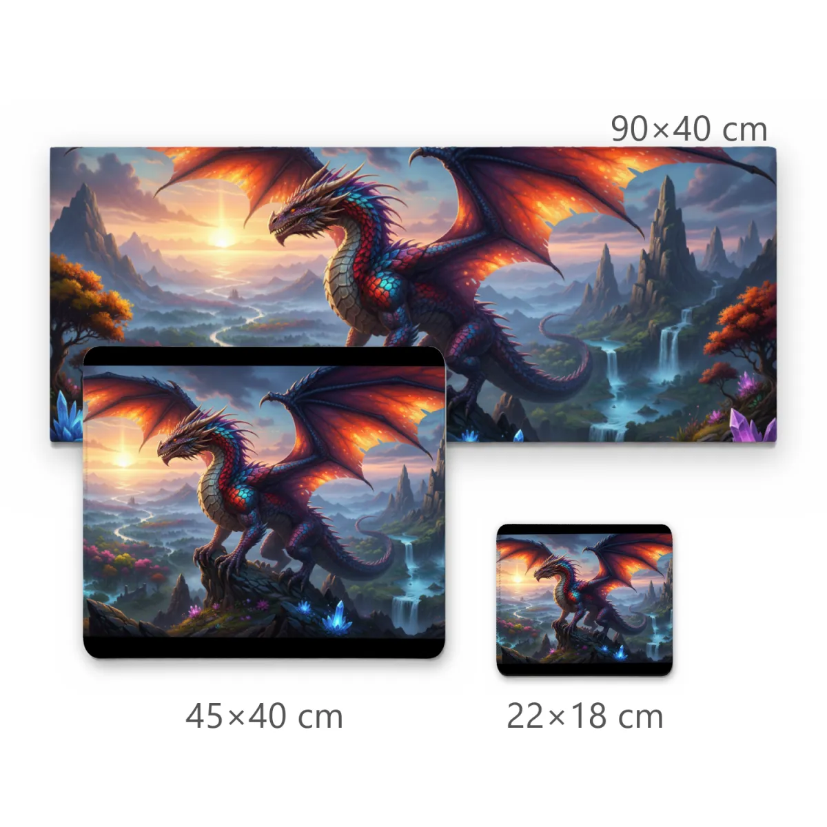 Mousepad Dragão Alado Majestoso ao Pôr do Sol em Paisagem Fantástica