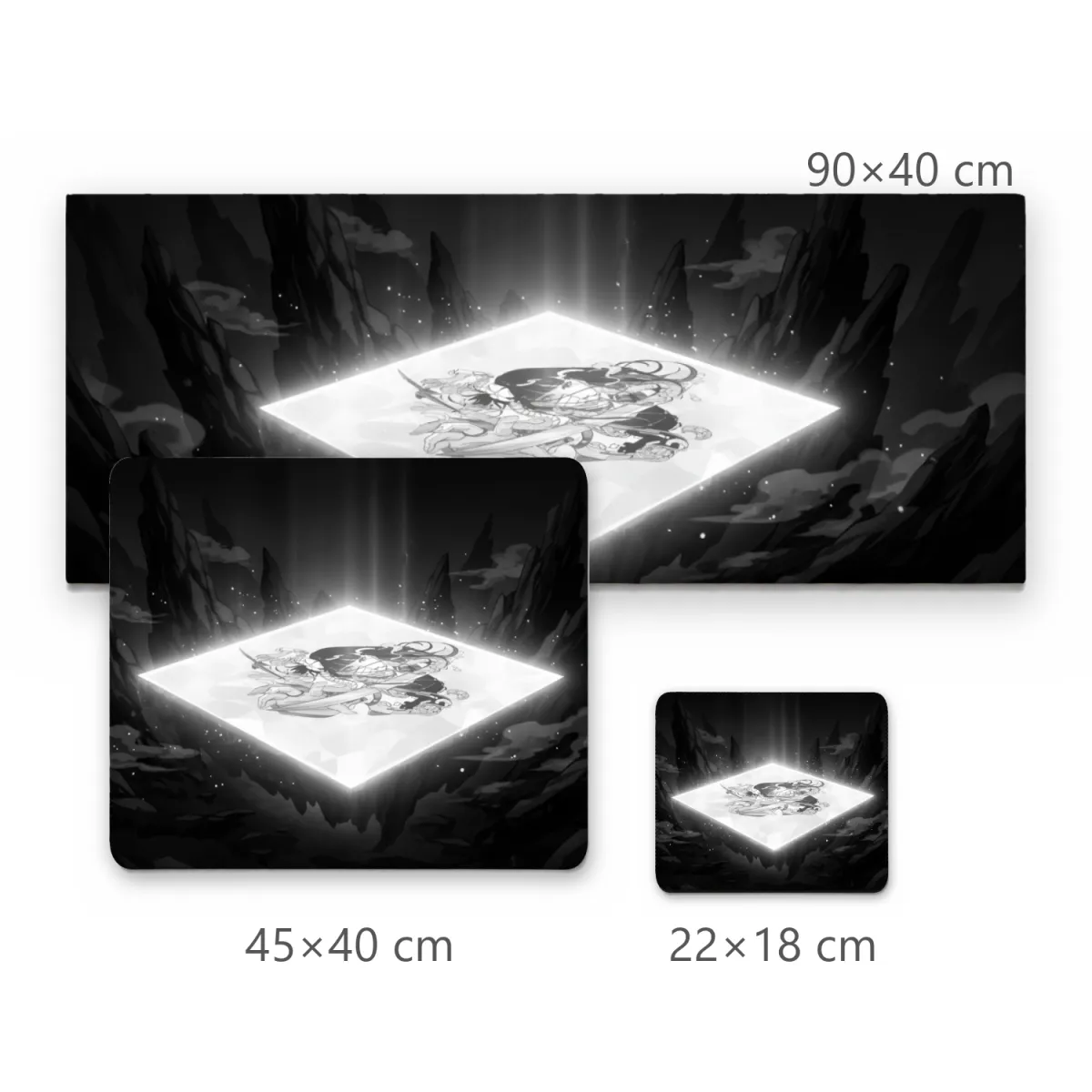 Mousepad Gamer Ilustração Anime em Preto e Branco com Personagem e Brilho Central