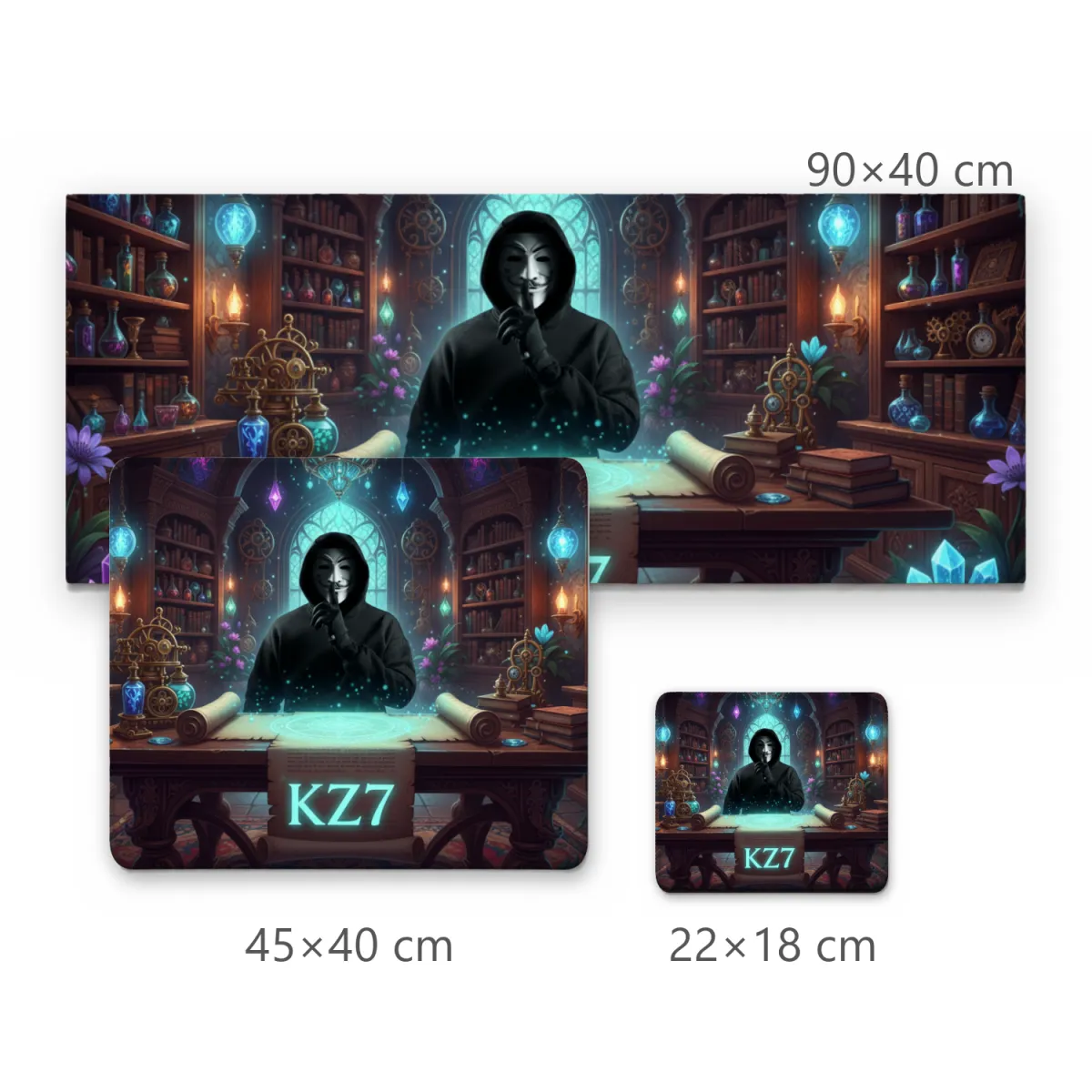 Mousepad Gamer com Hacker Encapuzado em Biblioteca Mística e Nome KZ7