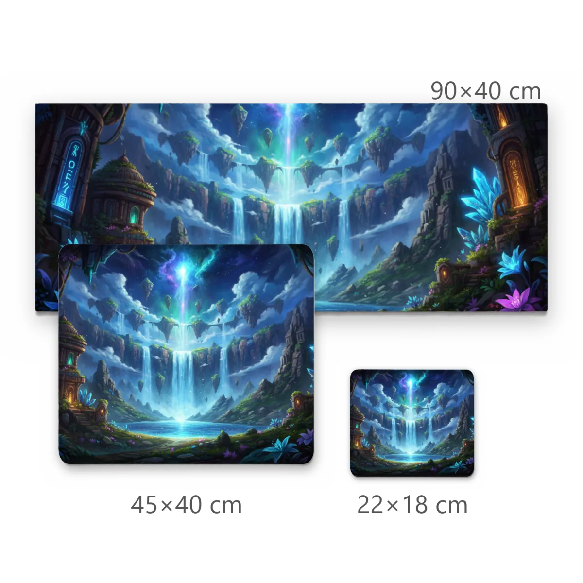 Mousepad Gamer Paisagem Fantasia com Cachoeiras Ilhas Flutuantes e Cristais Místicos