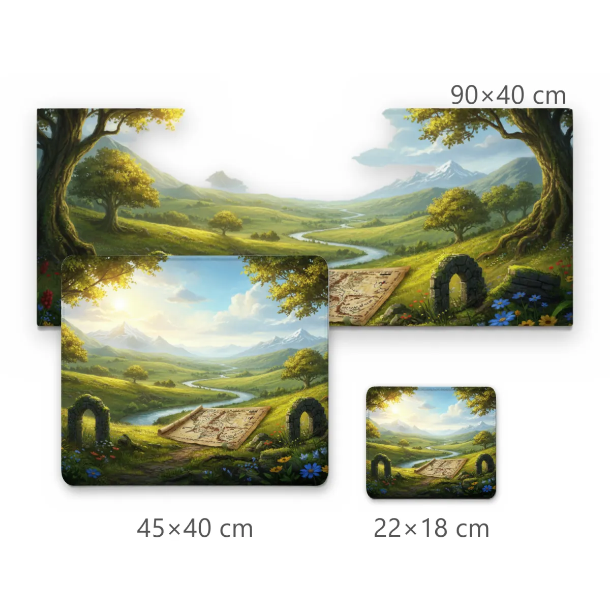 Mousepad Grande Vale Verdejante e Mapa de Fantasia com Paisagem Medieval