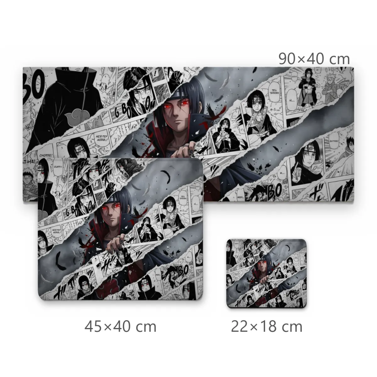 Mousepad Gamer Itachi Uchiha Efeito Rasgado com Painéis de Mangá em Preto e Branco