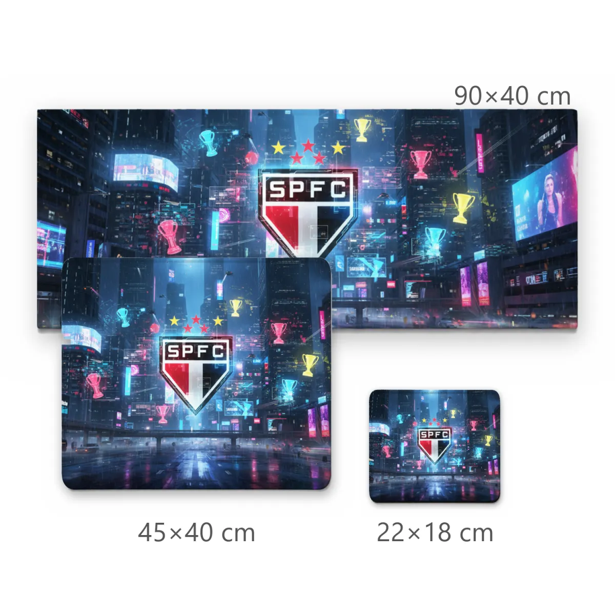 Mousepad Gamer Escudo São Paulo Futebol Clube Estilo Cyberpunk com Troféus em Cidade Futurista