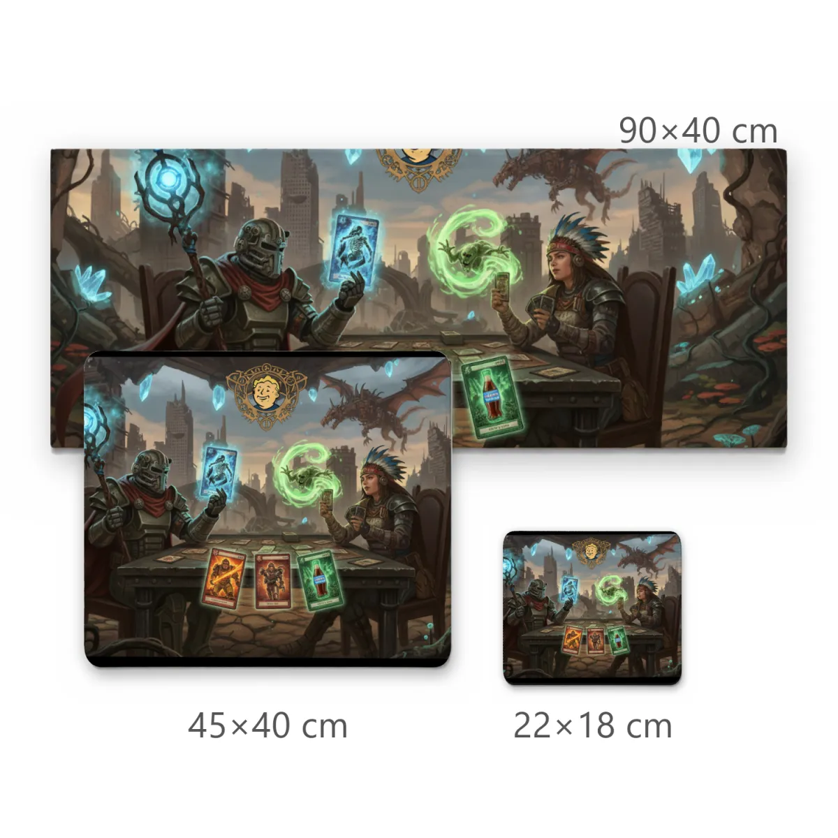 Mousepad Gamer Duelo de Cartas em Ruínas Pós-Apocalípticas com Dragão e Magia