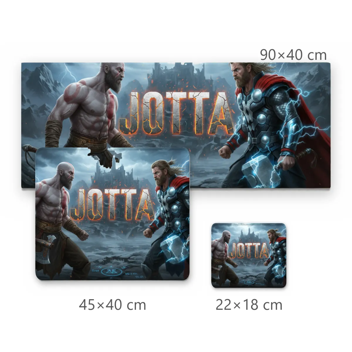 Mousepad Gamer Kratos e Thor Frente a Frente com Nome Jotta e Paisagem Nórdica