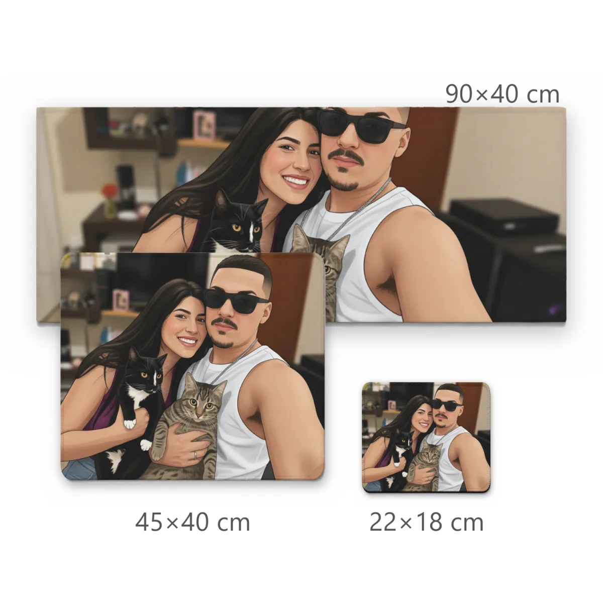 Mousepad Casal com Gatos em Ilustração Estilizada Selfie