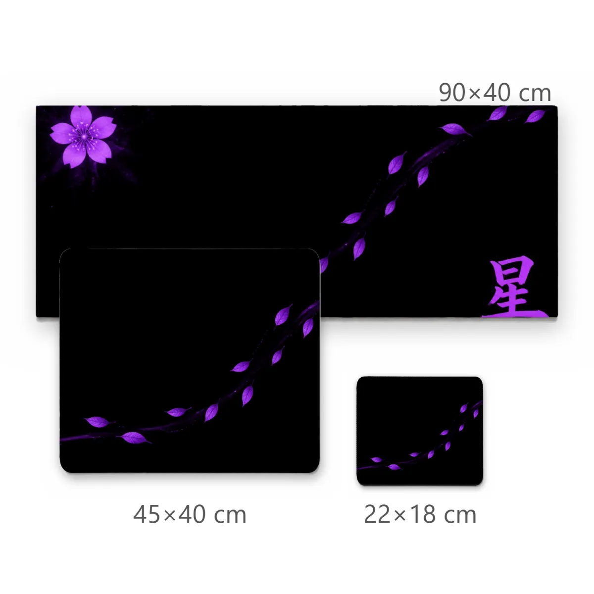 Mousepad Flor de Sakura Roxa Neon com Kanji e Pétalas em Fundo Preto