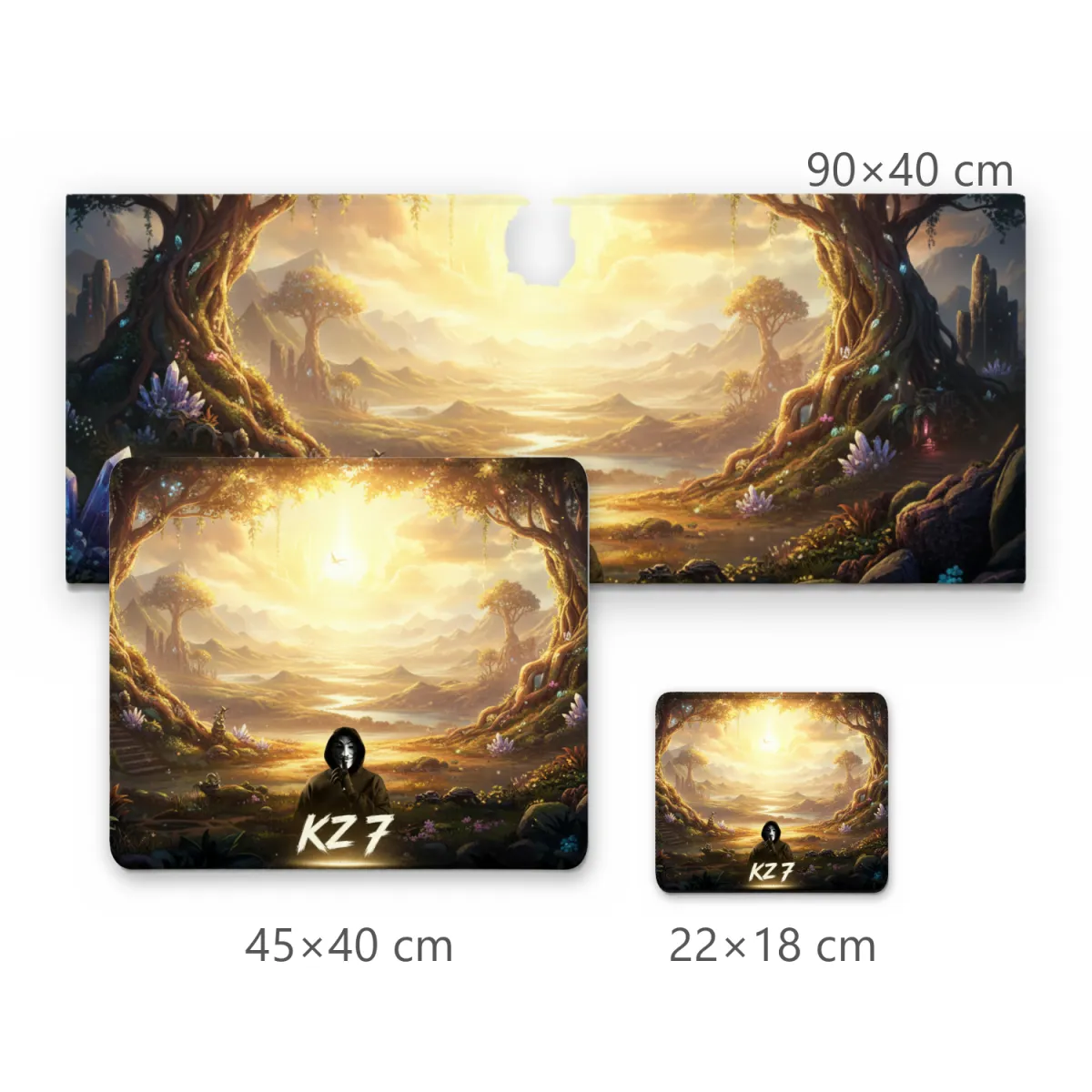 Mousepad Gamer Floresta Mística Dourada com Figura Misteriosa e Cristais