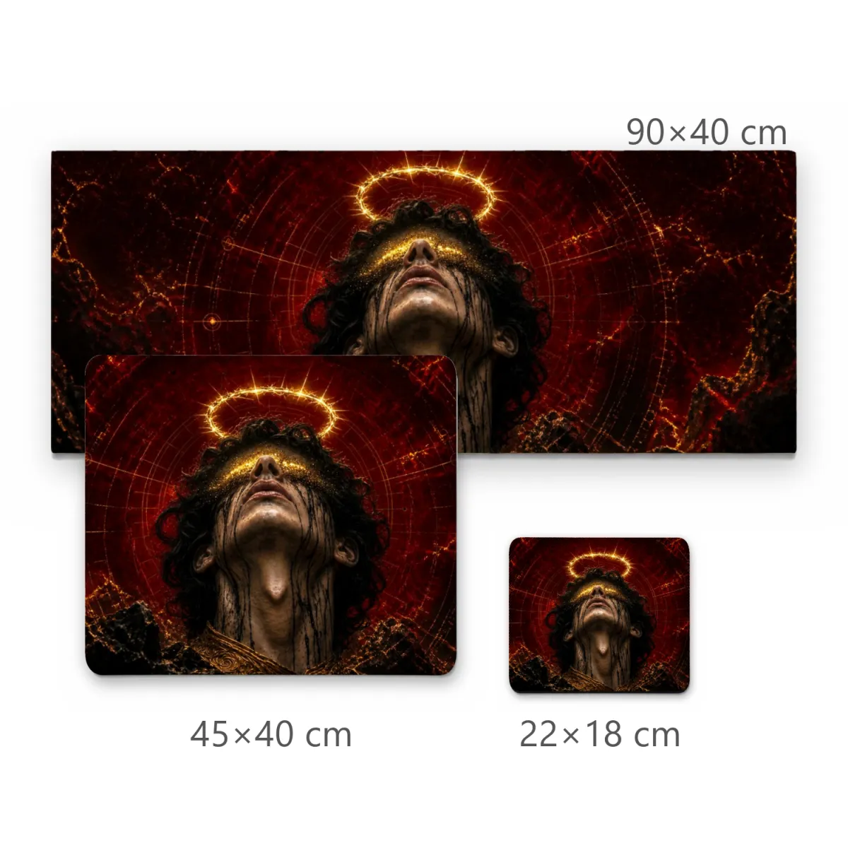 Mousepad Gamer Figura Mística com Auréola Dourada e Olhos Vendados em Fundo Carmesim