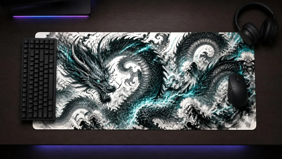 Ilustração panorâmica de dragão oriental serpentino em tinta preta e detalhes azul-turquesa em fundo claro