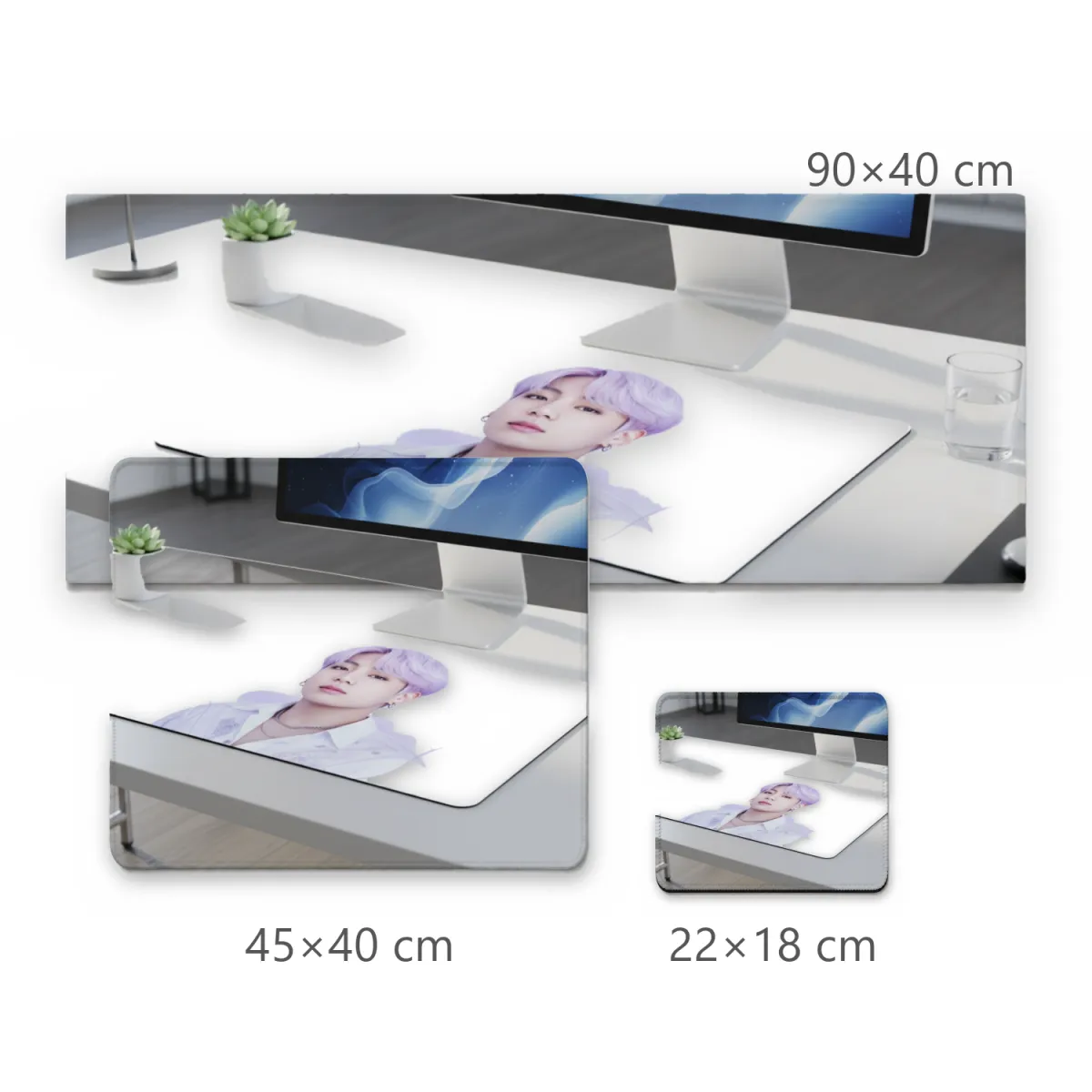 Mousepad Jungkook BTS Retrato em Fundo Branco Claro e Tons Lilás Suaves