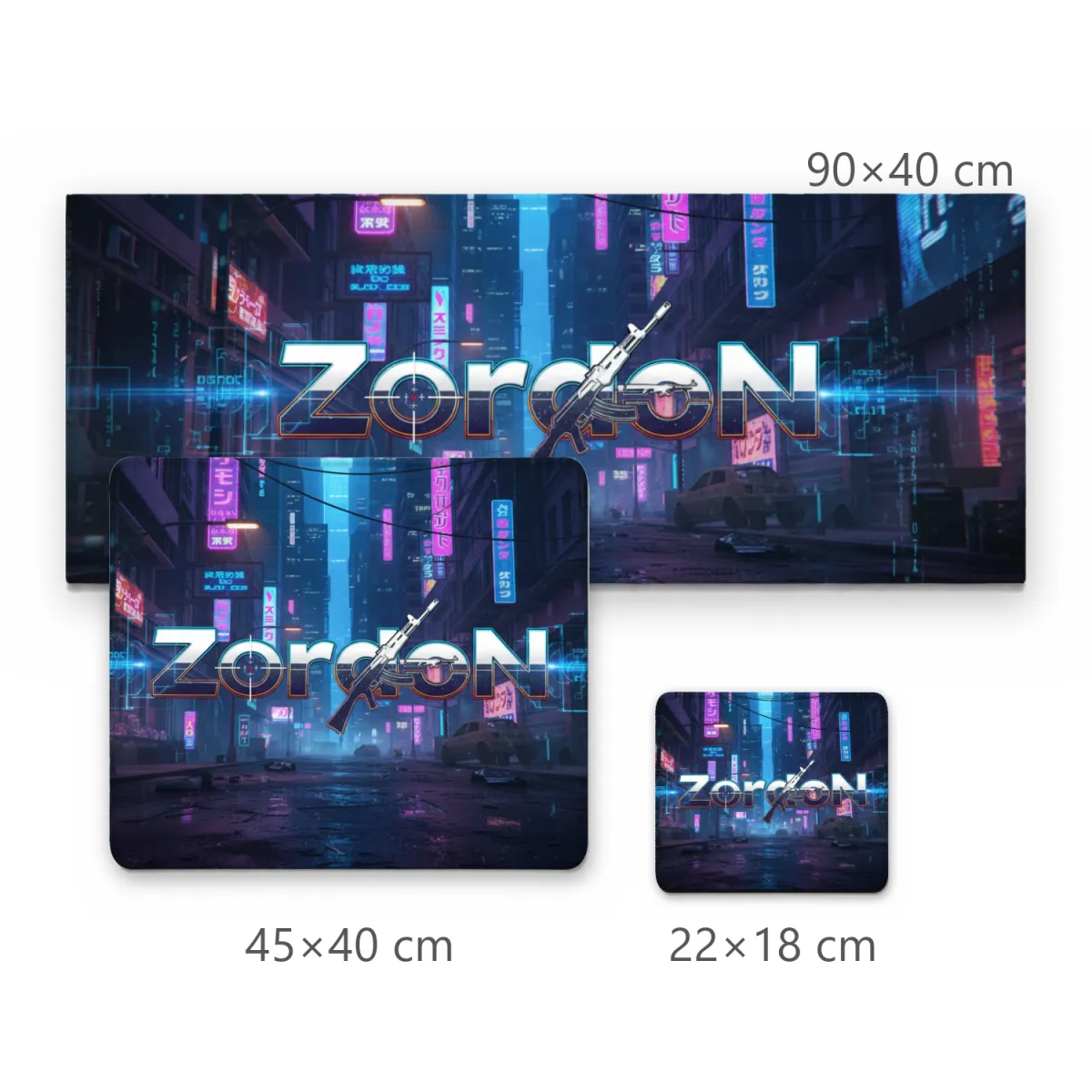Mousepad Gamer Cidade Cyberpunk Neon com Tipografia ZordoN e Rifle de Assalto