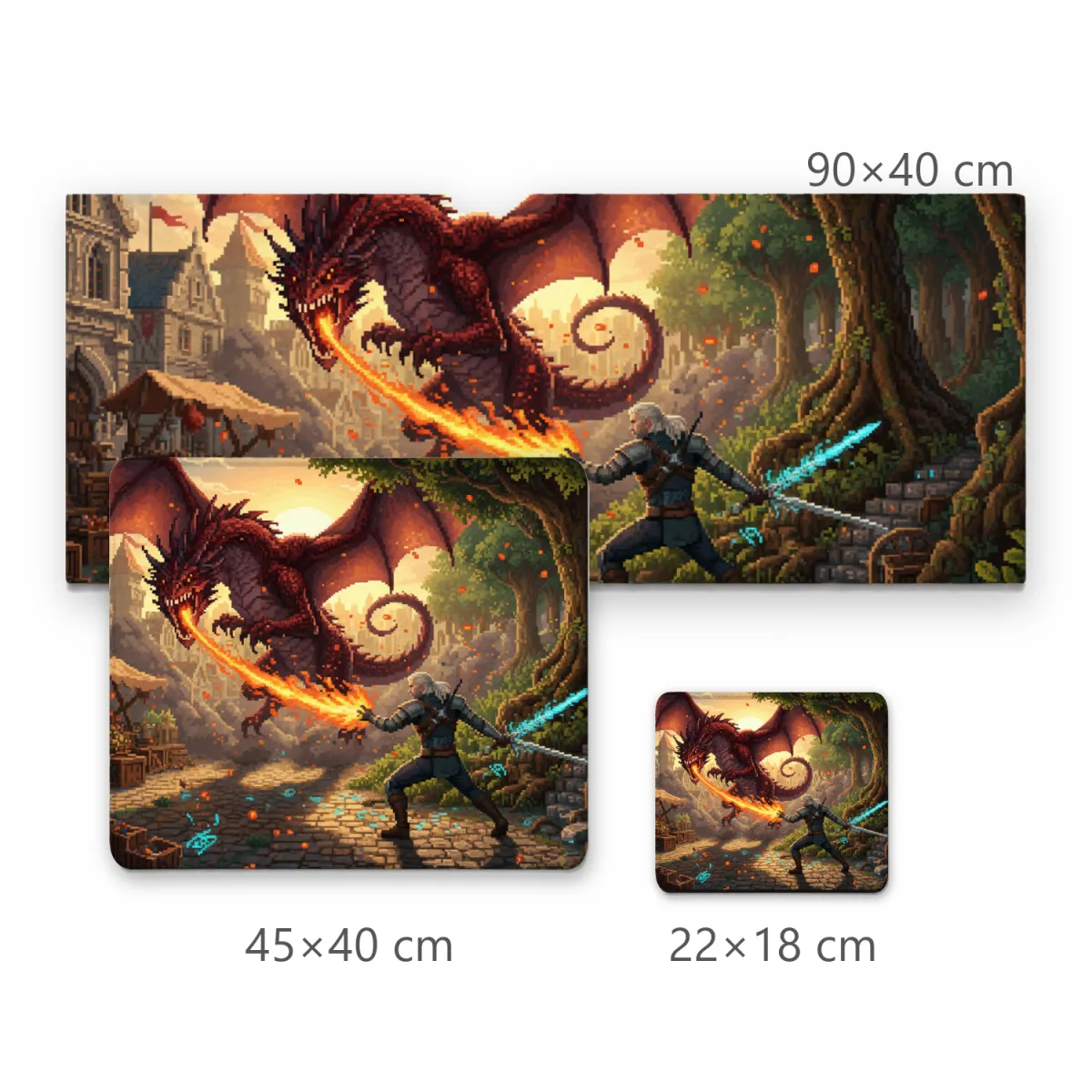 Mousepad Gamer Batalha do Guerreiro Contra o Dragão Vermelho Pixel Art