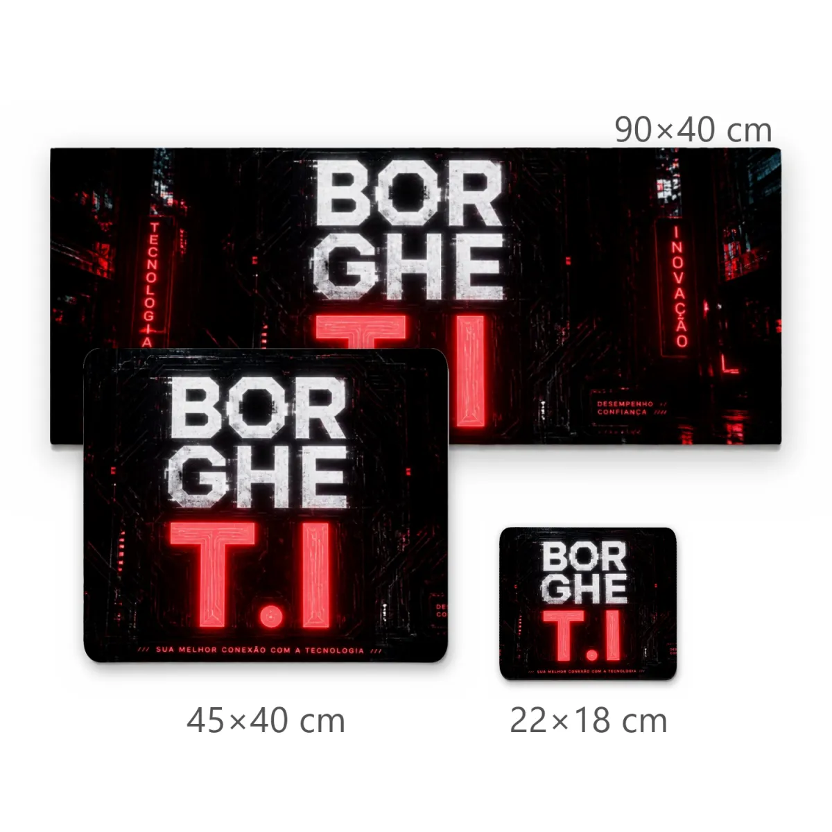 Mousepad Gamer Borghe T.I com Tipografia Futurista e Luzes Neon Vermelhas Cyberpunk
