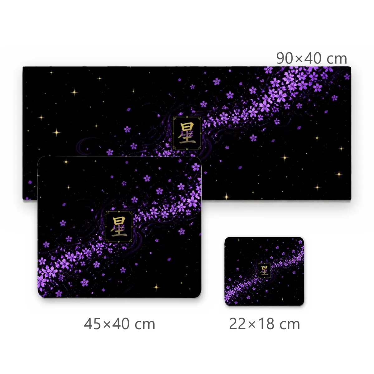 Mousepad Sakura Noturna com Flores Roxas, Estrelas e Kanji Central
