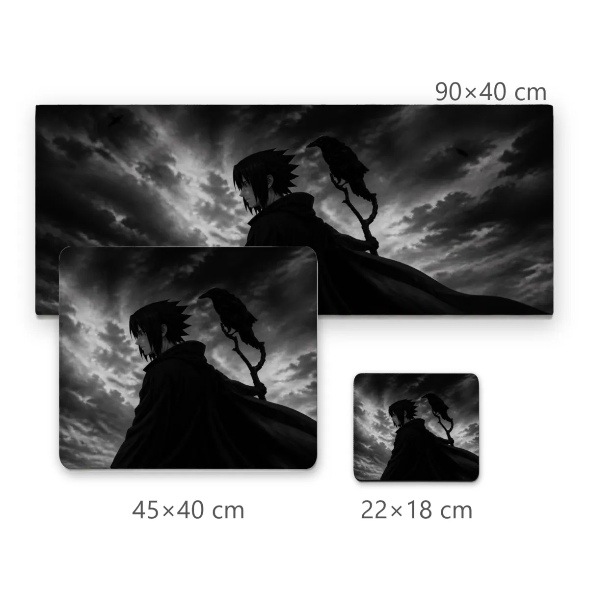 Mousepad Sasuke Silhueta Sombria e Corvo com Fundo de Nuvens Tempestuosas