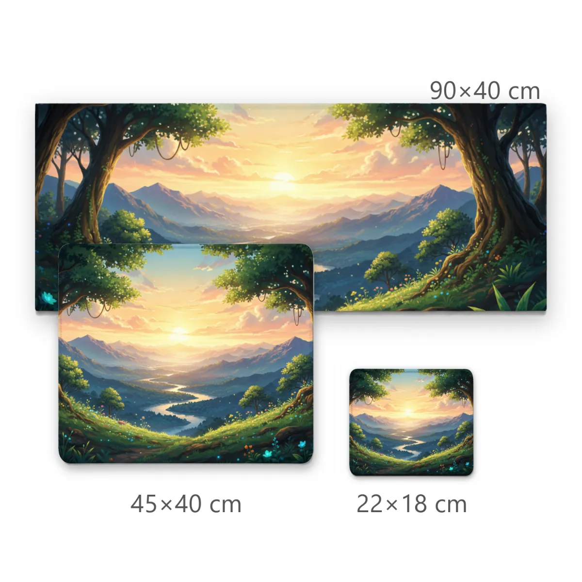 Mousepad Grande Vale Encantado ao Pôr do Sol em Estilo Anime com Rio e Montanhas