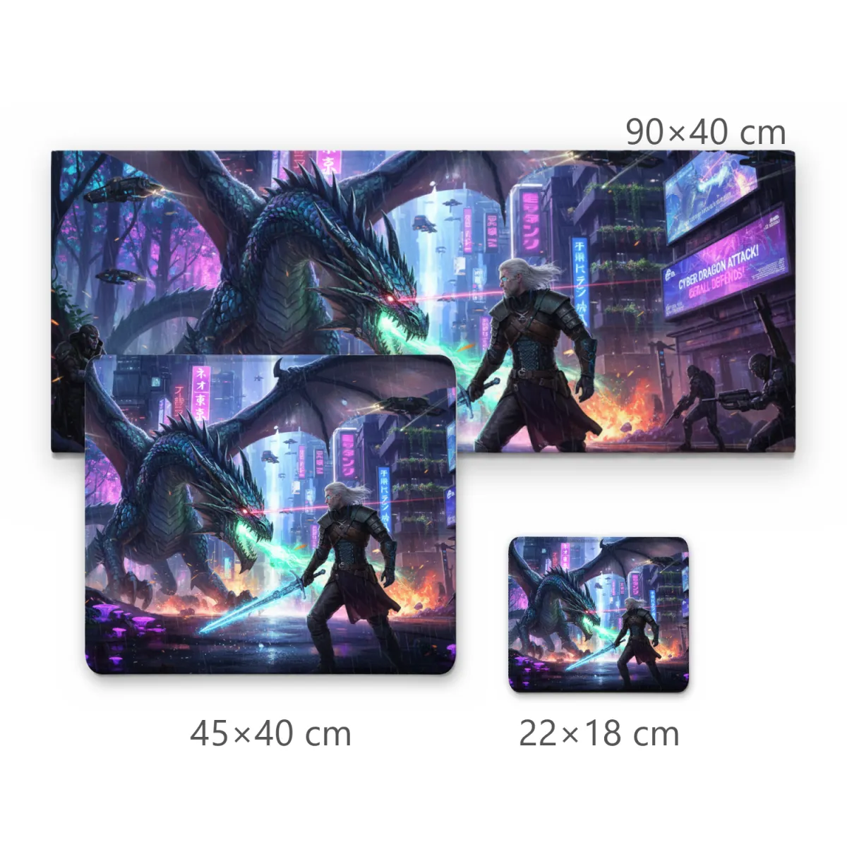 Mousepad Gamer Guerreiro contra Dragão Cibernético em Cidade Futurista