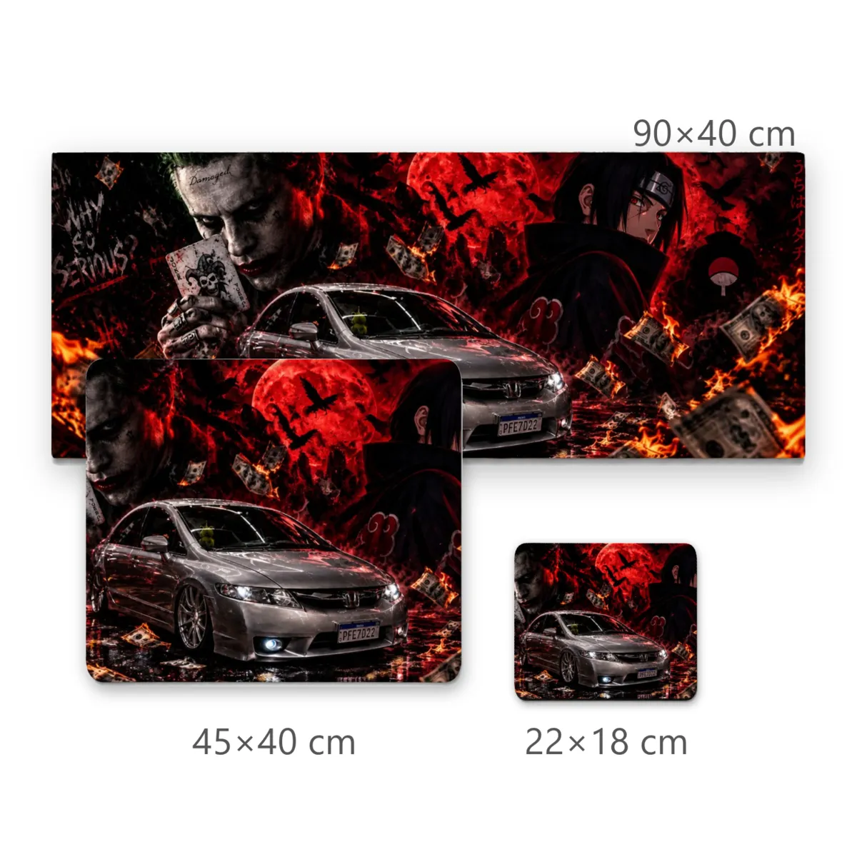 Mousepad Gamer Carro Prata com Coringa, Itachi, Dinheiro em Chamas e Fundo Vermelho