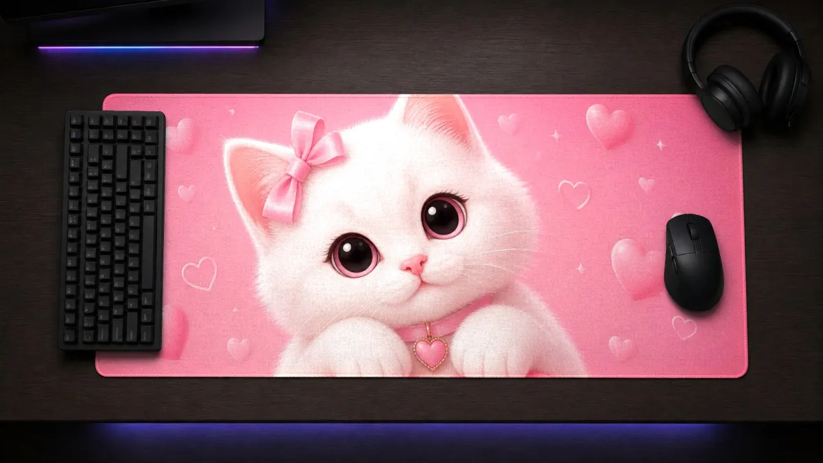 Ilustração de uma gatinha branca fofa com laço rosa na orelha e fundo rosa com corações.