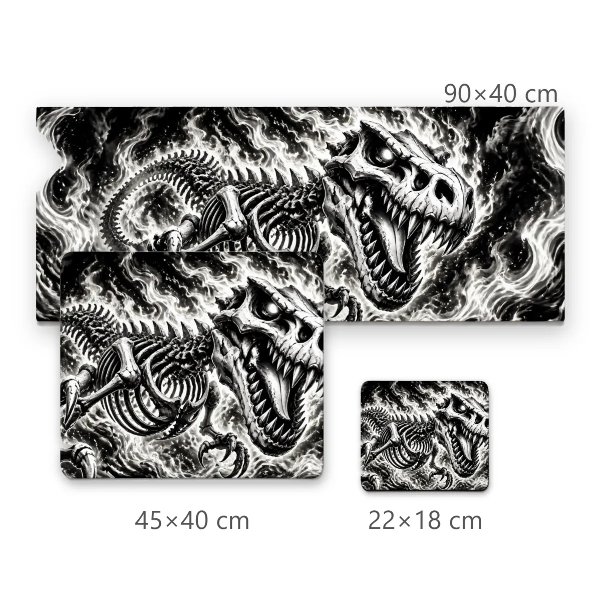 Mousepad Gamer Esqueleto de Tiranossauro Rex em Chamas Preto e Branco