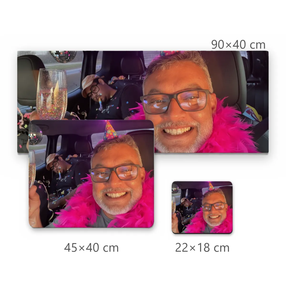 Mousepad Grande Homem Comemorando com Plumas Rosa e Taça