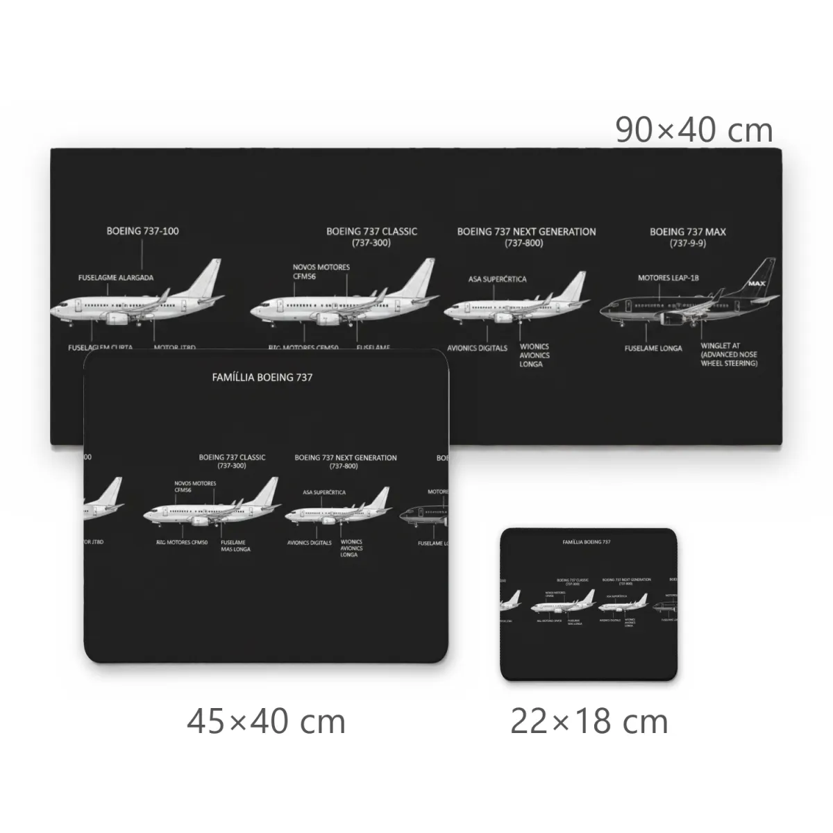 Mousepad Família Boeing 737 Diagrama Técnico Fundo Preto