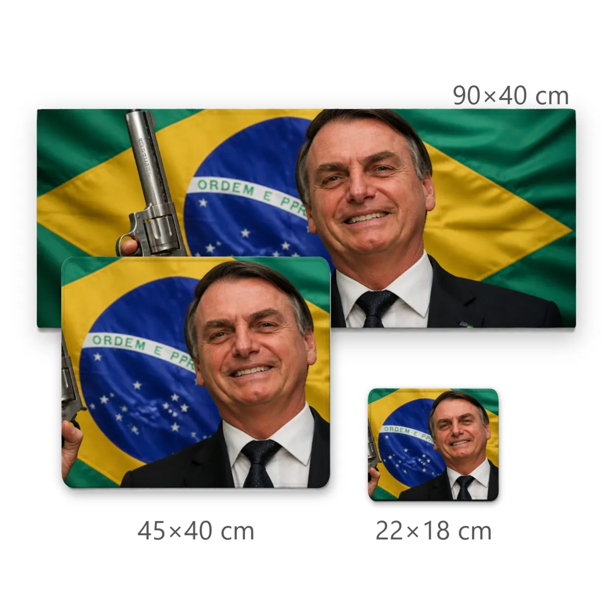 Mousepad Jair Bolsonaro Sorrindo com Revólver e Bandeira do Brasil