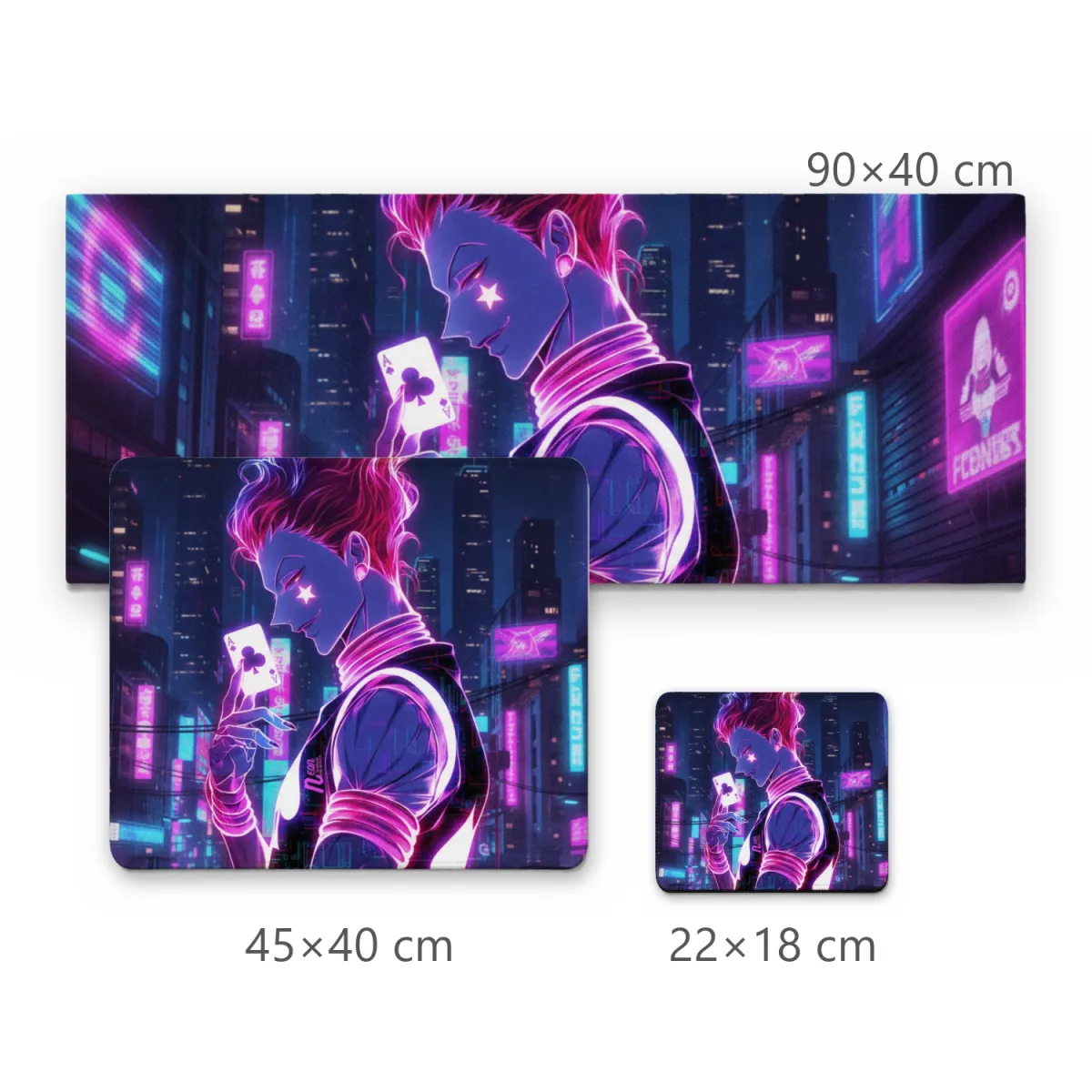 Mousepad Personagem Estilo Cyberpunk com Carta de Baralho e Cidade Iluminada em Neon