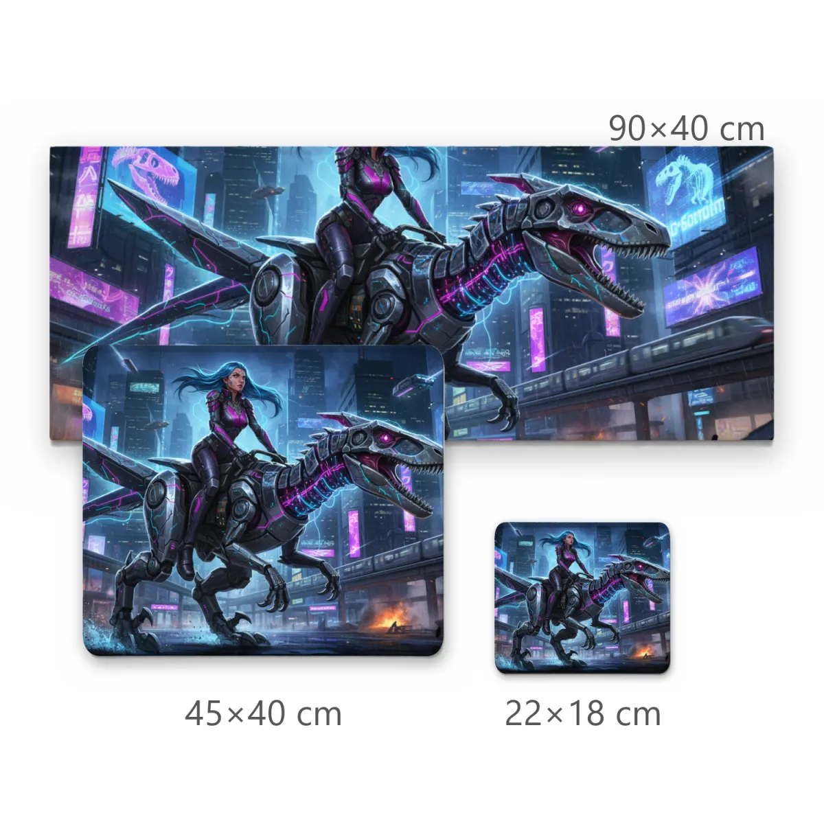 Mousepad Gamer Cidade Futurista Mulher Montada em Dinossauro Robô Cyberpunk