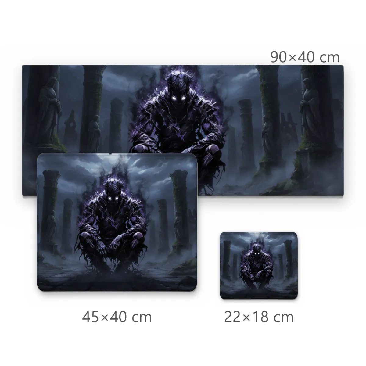 Mousepad Gamer Cavaleiro Sombrio Agachado com Aura Roxa e Pilares Antigos