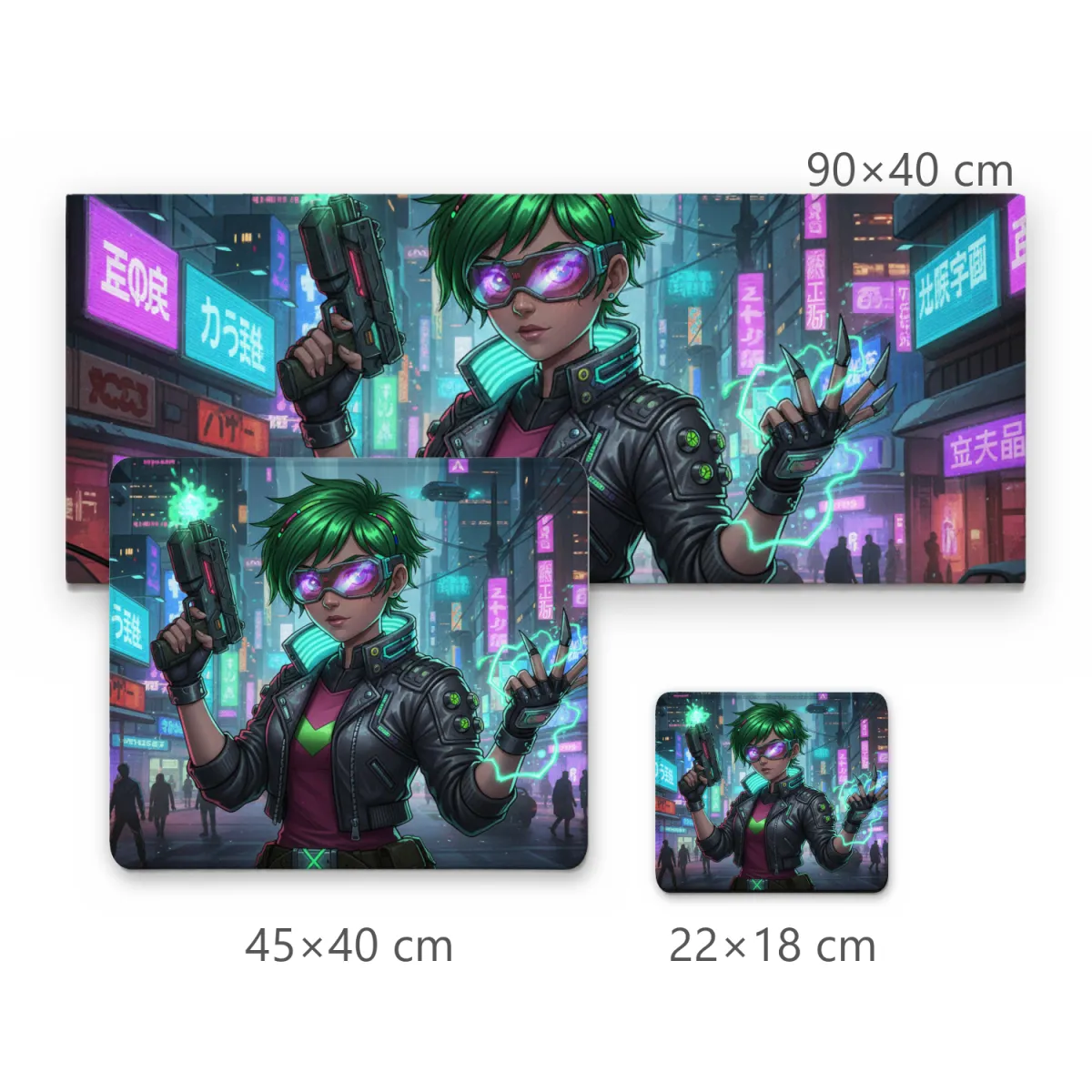 Mousepad Gamer Cyberpunk com Heroína de Cabelo Verde e Pistola Sci-Fi em Cidade Neon