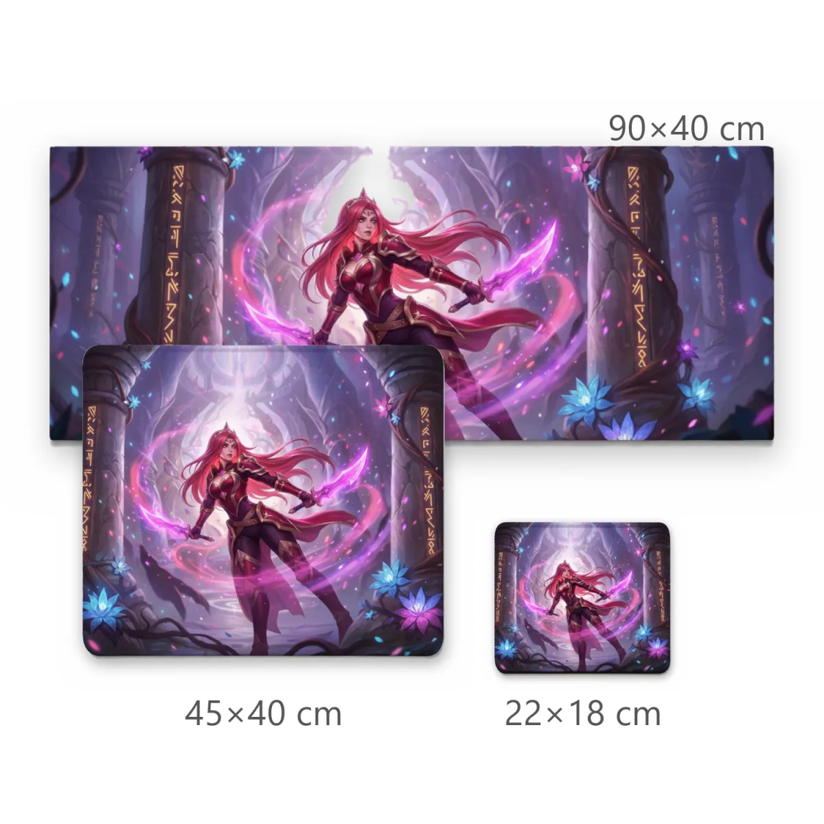 Mousepad Gamer Guerreira Mística com Lâminas de Energia Rosa e Templo Antigo