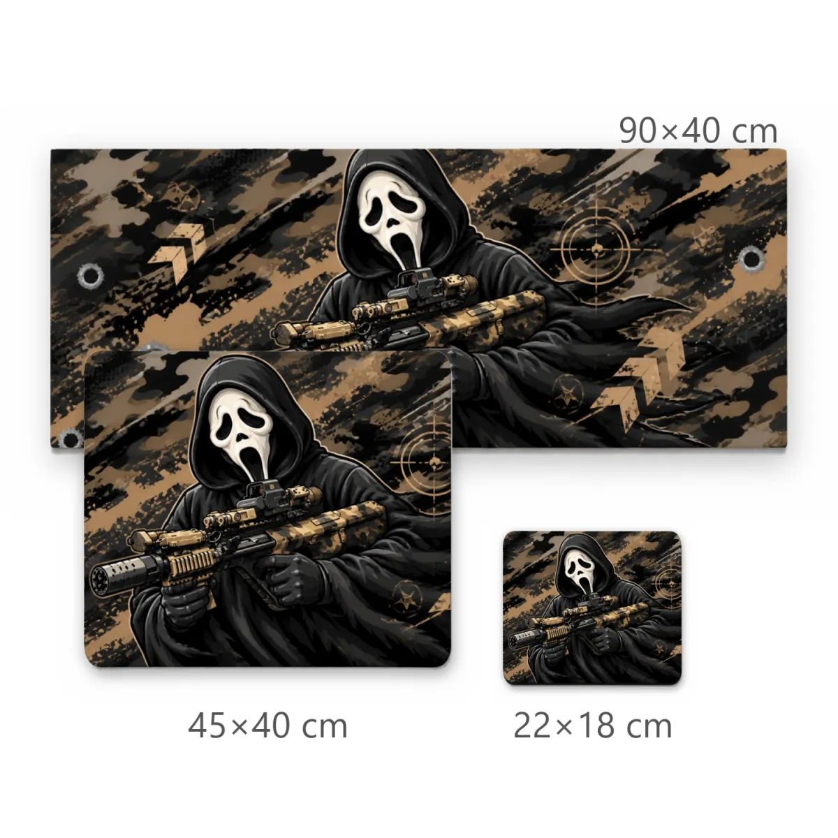 Mousepad Gamer com Figura Encapuzada Armada e Fundo Camuflado Tático