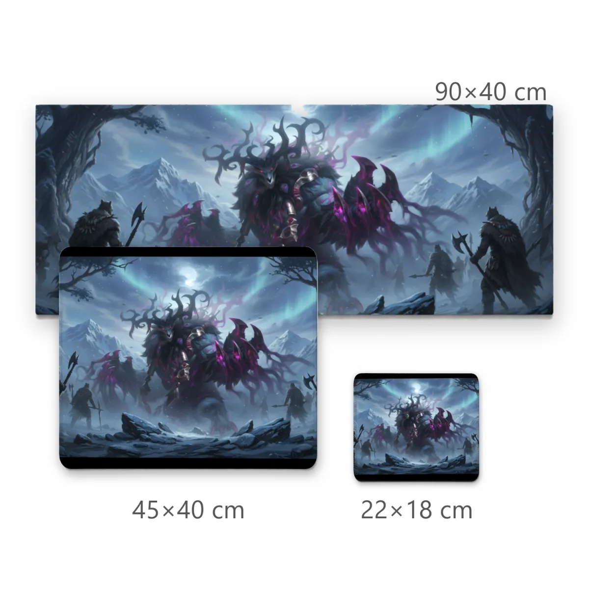 Mousepad Gamer Criatura Sombria com Chifres e Guerreiros Nórdicos na Neve 90x40cm