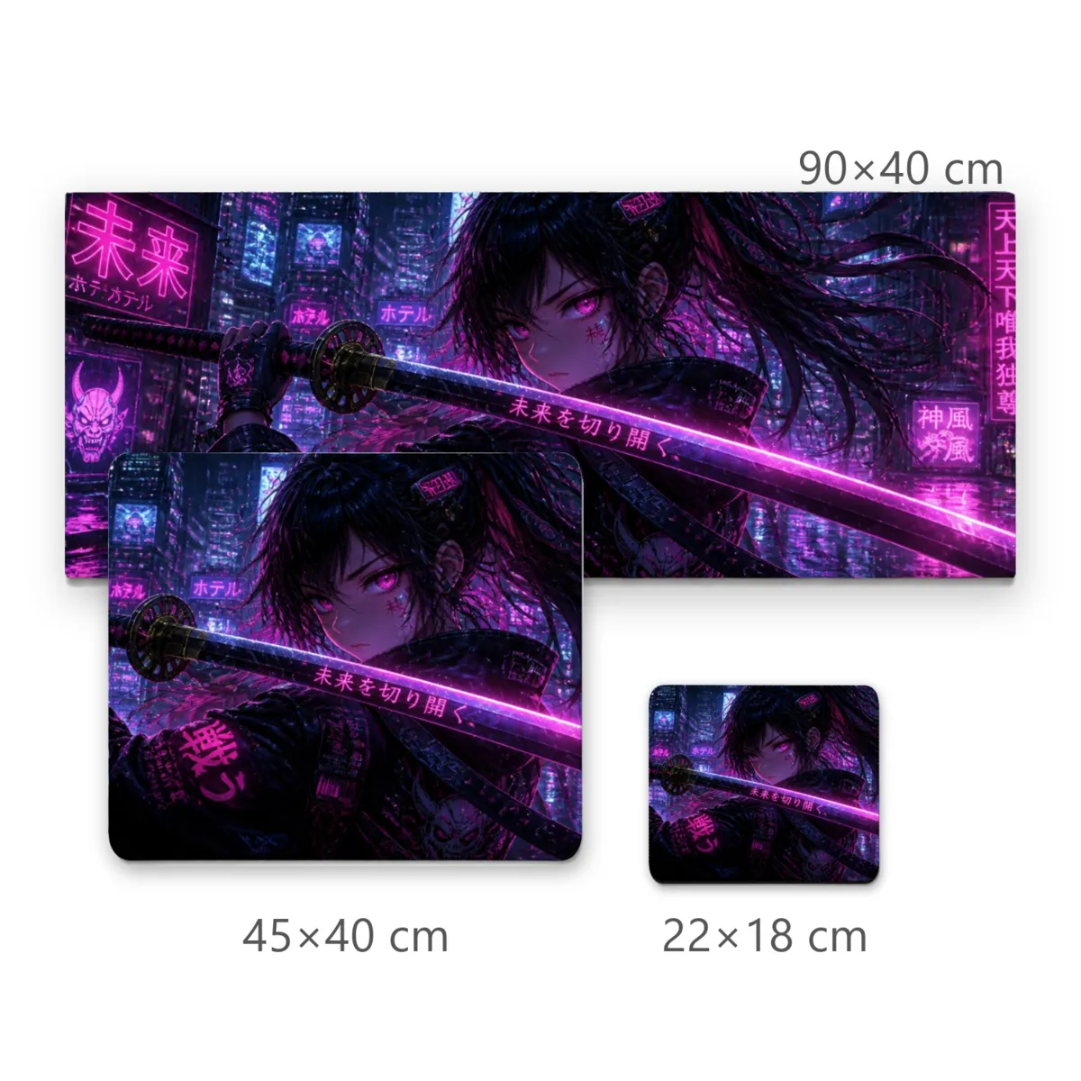 Mousepad Menina Samurai Cyberpunk com Katana e Luzes Neon em Tóquio Futurista
