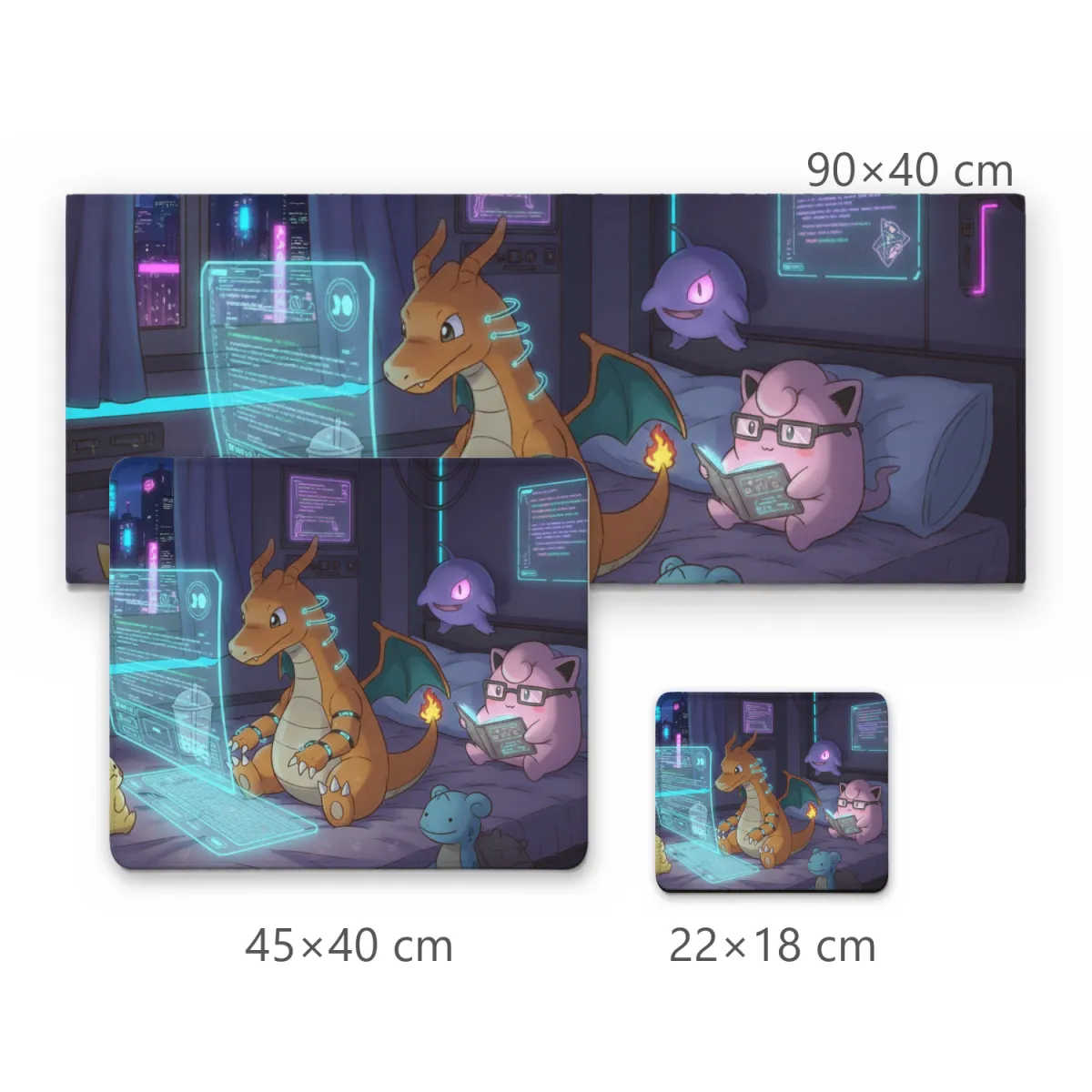 Mousepad Dragonite Cyberpunk no Computador Holográfico com Jigglypuff no Quarto