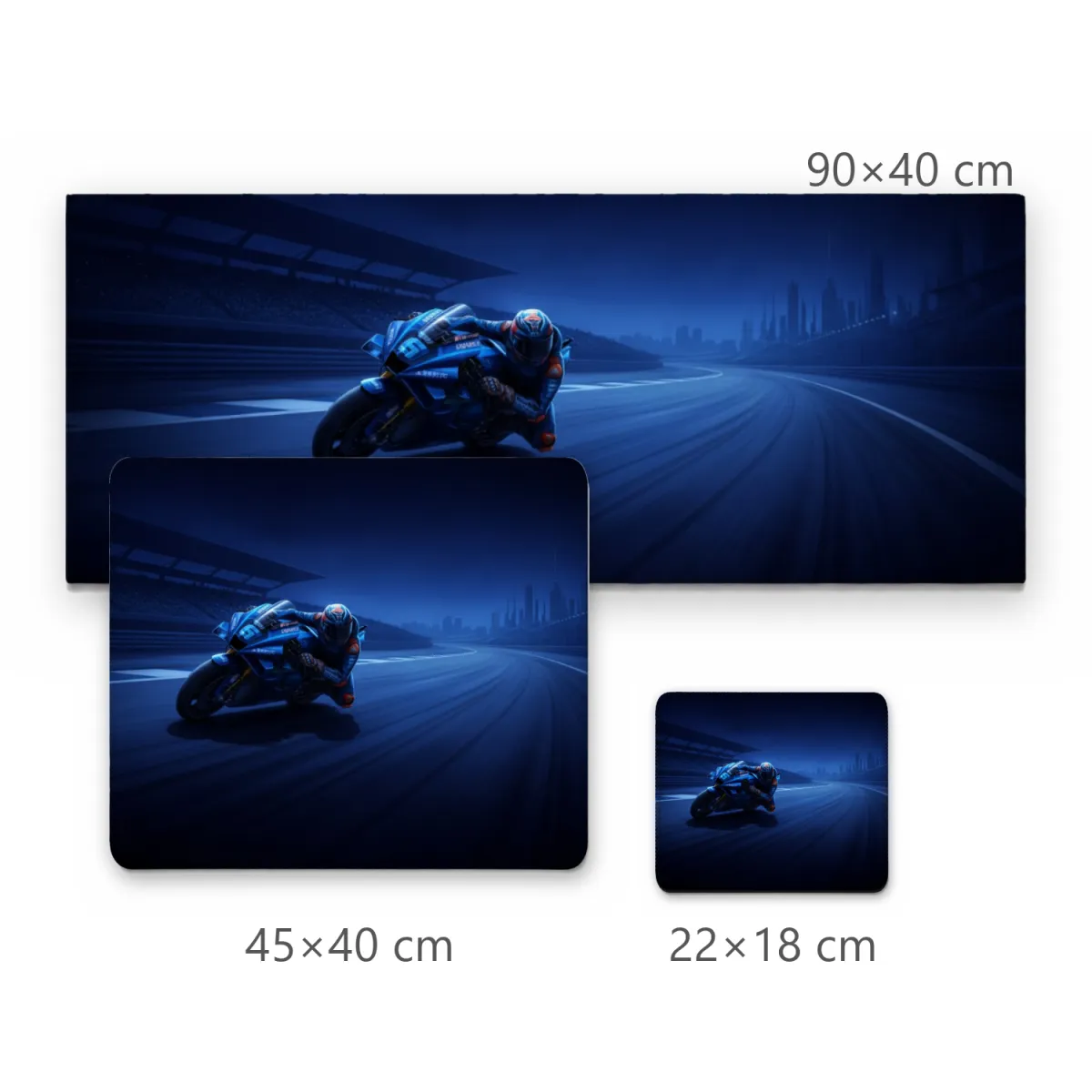 Mousepad Moto de Corrida em Curva Noturna com Iluminação Azul