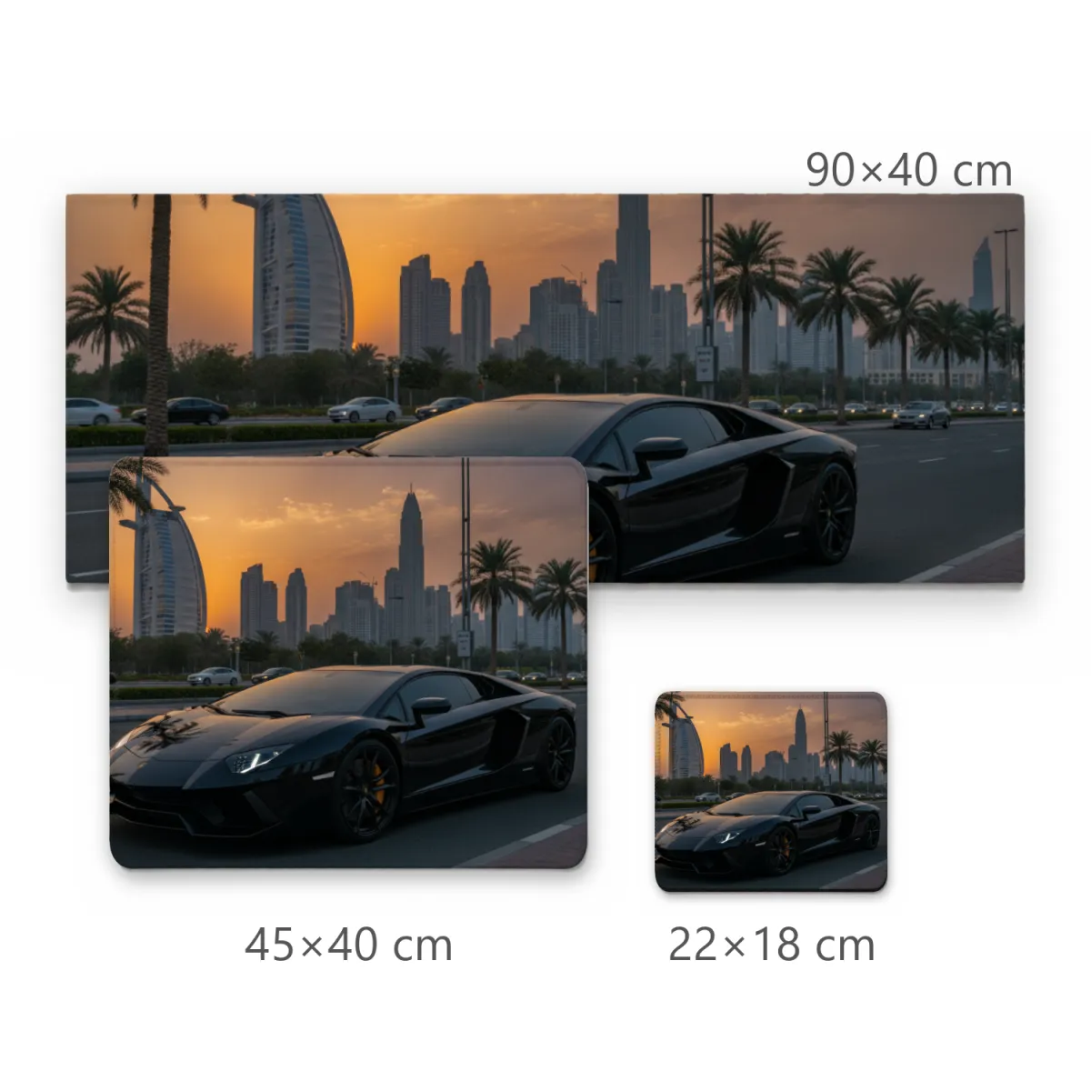 Mousepad Supercarro Preto em Dubai ao Pôr do Sol com Arranha-céus