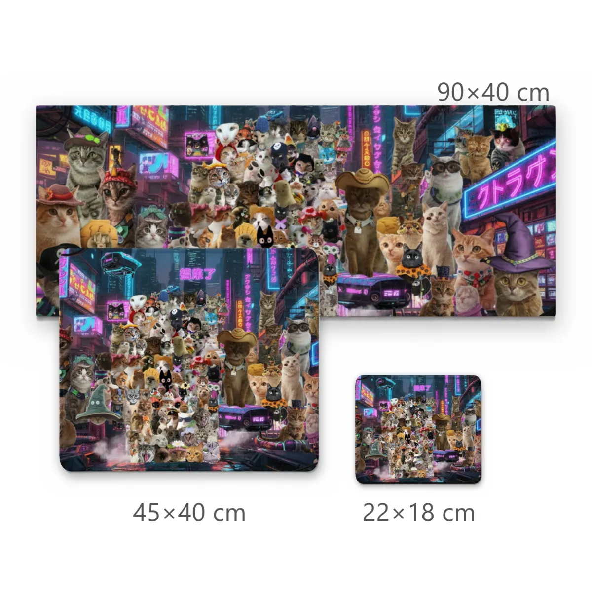 Mousepad Gamer Cidade Cyberpunk com Multidão de Gatos Fantasiados e Letreiros Neon
