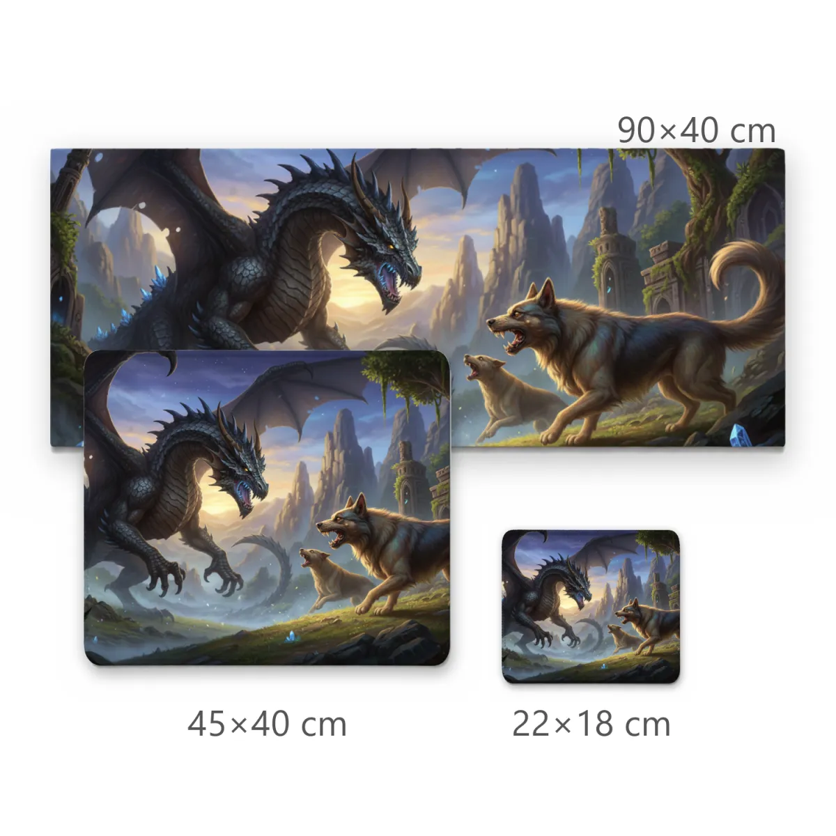 Mousepad Dragão Cinza e Cachorras Bravas em Paisagem Fantástica