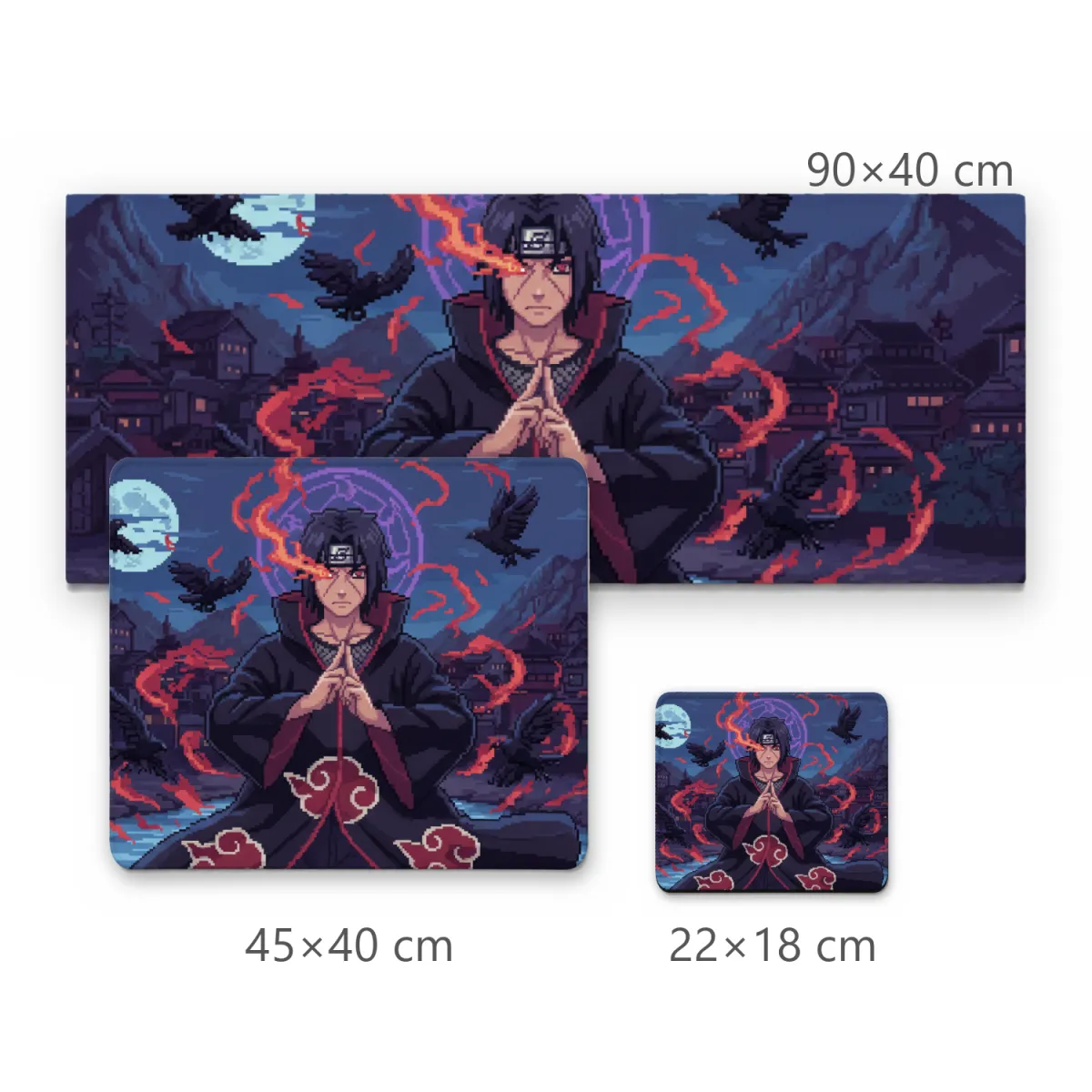 Mousepad Gamer Pixel Art Ninja de Manto com Chamas Vermelhas e Corvos Noturnos