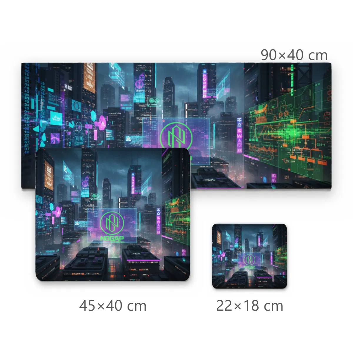 Mousepad Cidade Futurista Cyberpunk com Holograma NOGAP e Arranha-Céus Neon