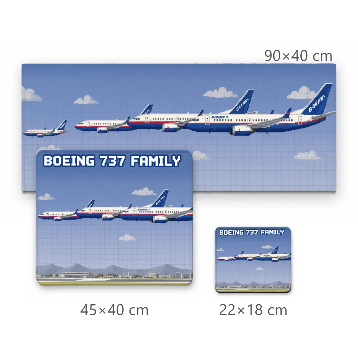 Mousepad Gamer Família Boeing 737 em Pixel Art com Aviões e Pista